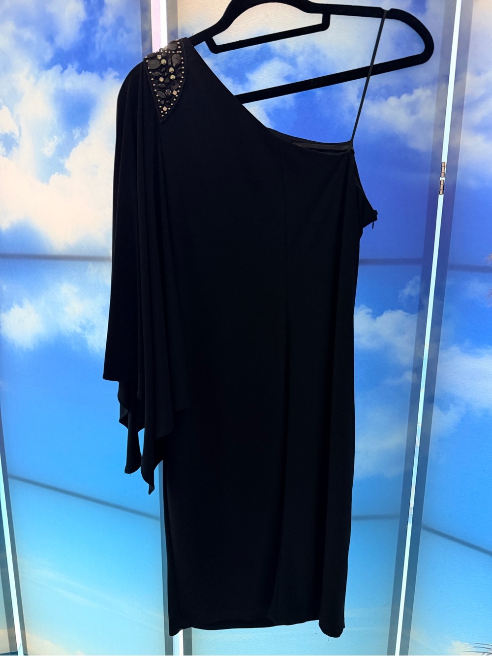 R&M Richards Black One-Shoulder Dress with Beaded Shoulder